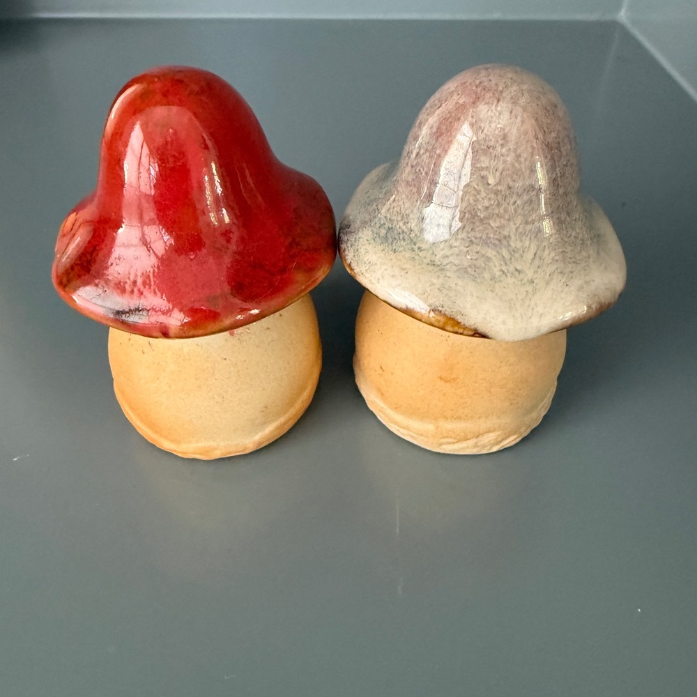 Mushroom Figurines Decor Red Grey Glazed Pottery Ceramic
